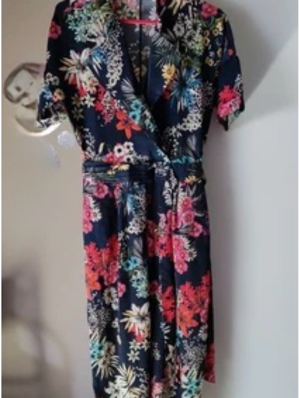 Zara Navy Floral Wrap Midi Dress with Coral, Teal and Yellow Flowers